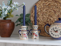 Red Daisy Lady & Man Candlestick Holders Polish Pottery
