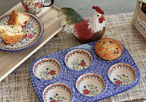 Red Daisy Muffin Pan Polish Pottery