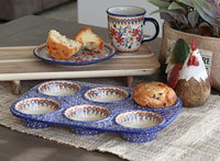 Red Daisy Muffin Pan Polish Pottery