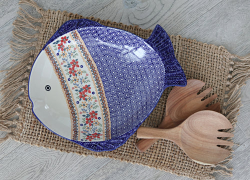 Red Daisy Large Fish Platter Polish Pottery