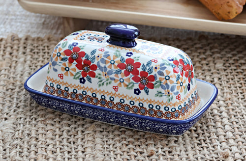 Red Daisy Butter Dish Polish Pottery