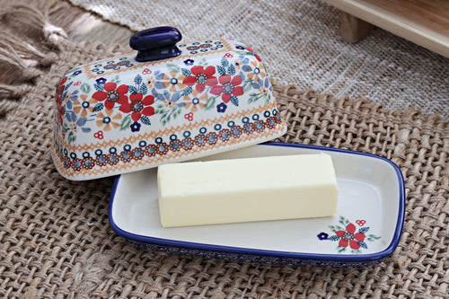 Red Daisy Butter Dish Polish Pottery