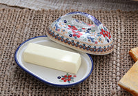 Red Daisy Butter Dish with Handle Polish Pottery