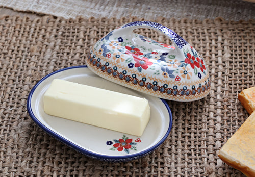 Red Daisy Butter Dish with Handle Polish Pottery