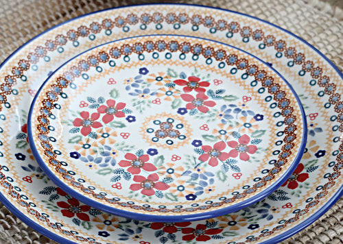 Red Daisy Dessert Plate Polish Pottery