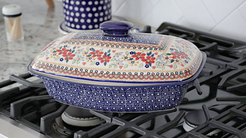 Red Daisy Covered Baker Polish Pottery