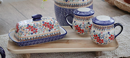 Red Daisy Butter Dish Polish Pottery