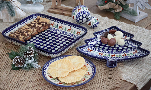 Reindeer Pine Christmas Tree Plate Polish Pottery