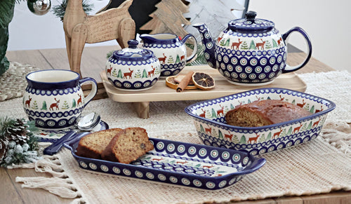 Reindeer Pine Bread Tray with Handles Polish Pottery
