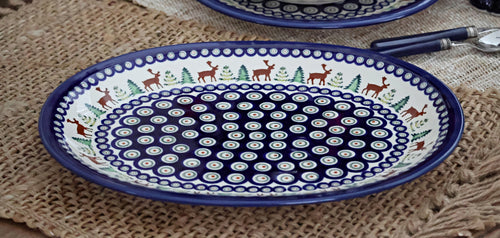 Reindeer Pine Large Serving Platter Polish Pottery