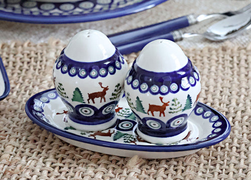Reindeer Pine Salt & Pepper Shakers With Plate Polish Pottery