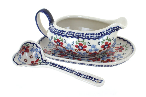 Polish Pottery Red Poppy Gravy Boat & Ladle