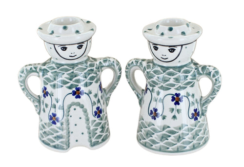Polish Pottery Sage Floral Lady & Man Candlestick Holders
