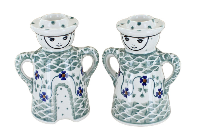 Polish Pottery Sage Floral Lady & Man Candlestick Holders