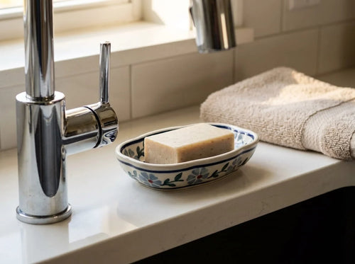 A rectangular bar of soap sits in a small floral-patterned ceramic soap dish on a white bathroom countertop next to a chrome faucet, with a folded beige towel in the background.