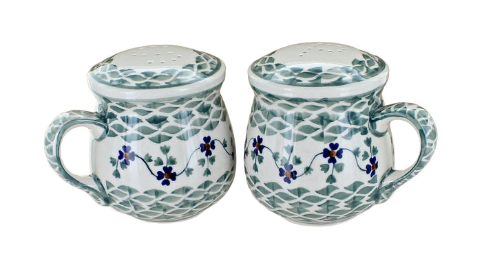 Polish Pottery Sage Floral Salt & Pepper Shakers with Handles