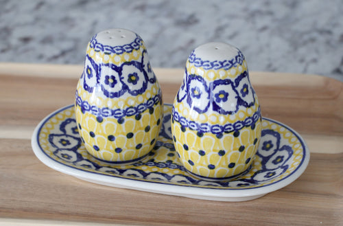 Saffron Salt & Pepper Shakers with Tray Polish Pottery