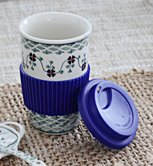 Sage Floral Travel Coffee Mug Polish Pottery