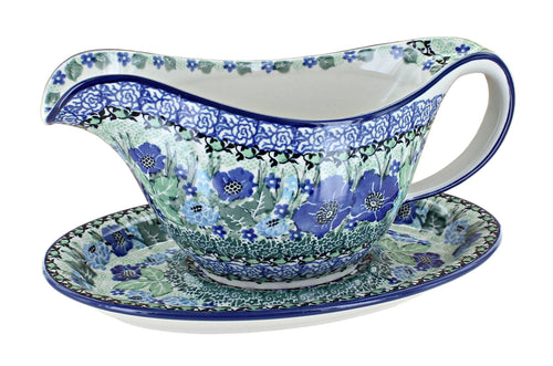Polish Pottery Sapphire Fields Gravy Boat & Plate