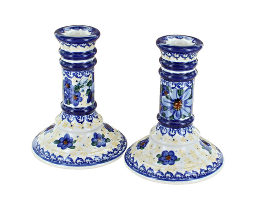 Polish Pottery Daisy Surprise Small Candlestick Pair