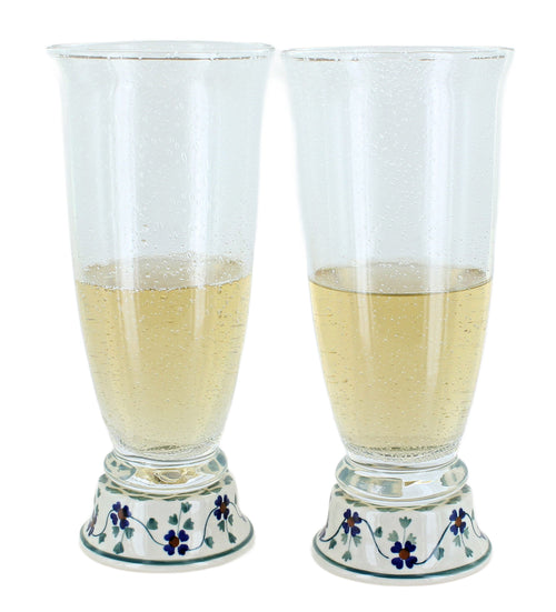 Polish Pottery Sage Floral 2 Piece Beer Glass Set