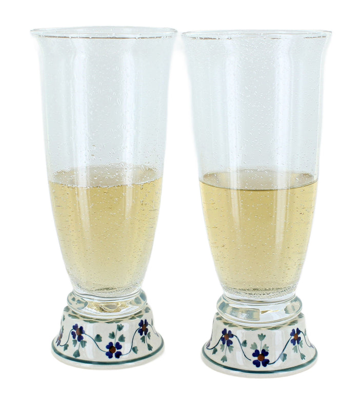Polish Pottery Sage Floral 2 Piece Beer Glass Set