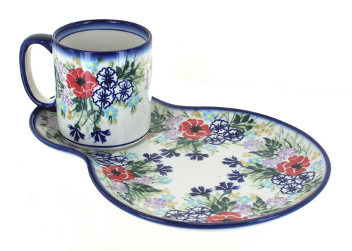 Polish Pottery Summer Garden Oval Breakfast Plate & Mug Set