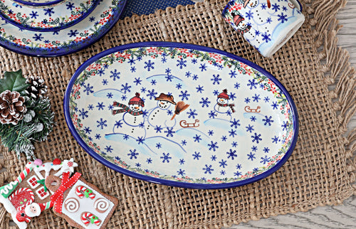 Snowflake Friends Oval Platter Polish Pottery