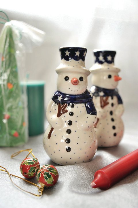 Snowman Candlestick Pair Polish Pottery