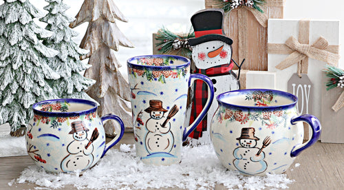 Little Snowman Bubble Soup Mug Polish Pottery