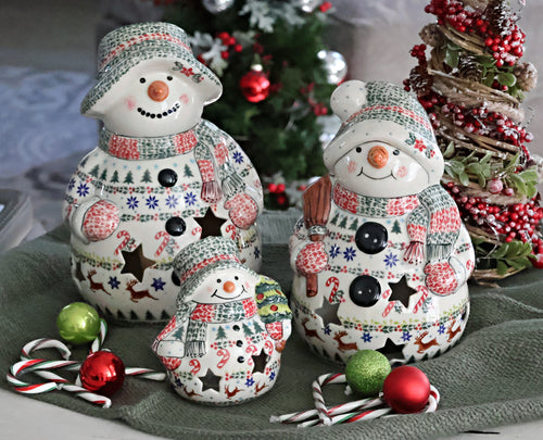 Christmas Joy Snowman Luminary Set Polish Pottery
