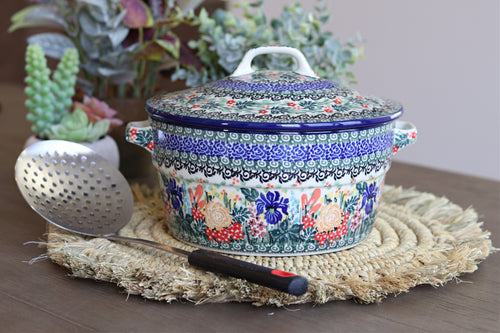 Summer Blooms Covered Round Baker Polish Pottery
