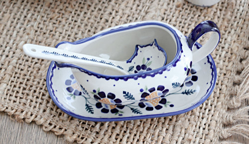 Sunflower Gravy Boat & Ladle Polish Pottery