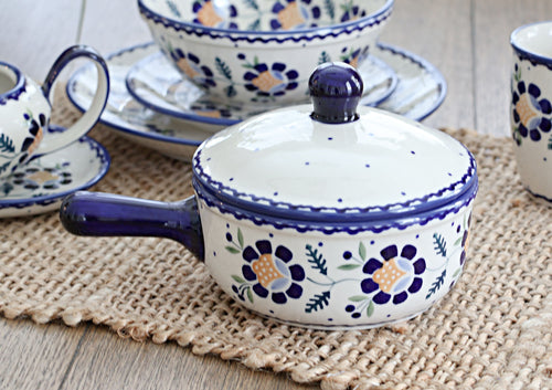 Sunflower Sauce Pot with Lid Polish Pottery