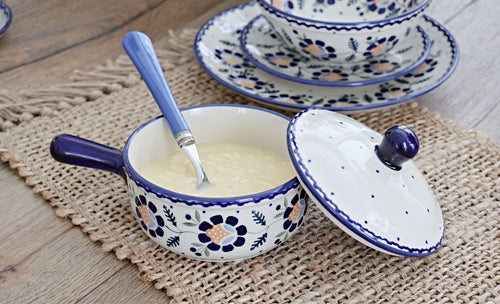 Sunflower Sauce Pot with Lid Polish Pottery