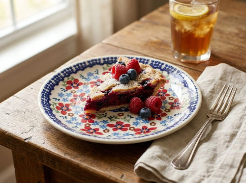 A slice of berry pie on a white ceramic plate with a blue and red floral pattern, set on a rustic wooden table next to a glass of iced tea and a folded napkin with a fork.