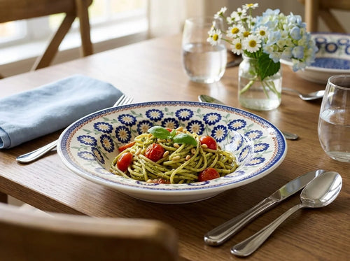 Polish pottery soup plate in the Peach Blossom pattern on a wood table with silverware, drinking glasses, and a vase of flowers