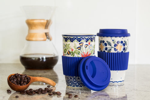 Sunflower Travel Coffee Mug Polish Pottery