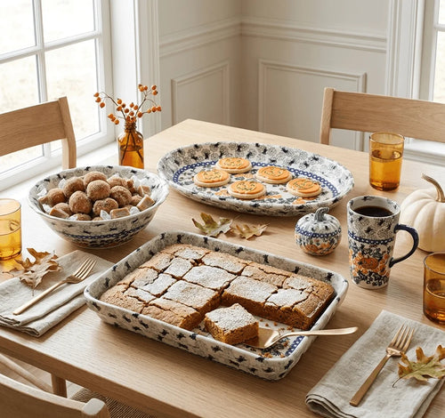 A styled dining table set with multiple ceramic dishes and mugs featuring a blue floral pattern on a cream background. The table is set with a large rectangular dish of square brownies, an oval platter of cookies, a bowl of sugar cookies, amber glass cups, a small pumpkin, and autumn leaves on a light wood table in a bright room.