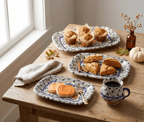 Three oval ceramic serving platters with blue floral patterns are arranged on a rustic wooden table in a bright room. The platters are styled with baked goods, including muffins, scones, cookies, and a mug, with a folded napkin, autumn leaves, and a small vase of dried stems nearby.