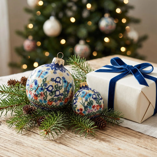 Two decorative Christmas ornaments with a floral and bird pattern in blue, red, and green on a cream background, styled on pine branches next to a wrapped gift box with a blue ribbon, with a blurred Christmas tree in the background.