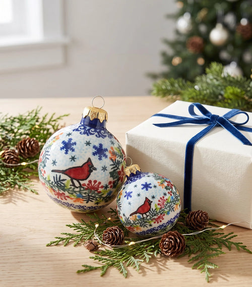 Two hand-painted Christmas ornaments with red cardinals and floral patterns on a white background, styled on a wooden table next to a wrapped gift box with a blue ribbon.