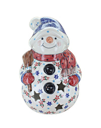 A ceramic snowman figurine with a white body, blue patterned hat, red scarf, and red and blue floral details, shown on a plain white background.