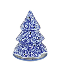 A ceramic Christmas tree-shaped diffuser or candle holder with a blue and white speckled pattern, featuring small circular cutouts on a plain white background.