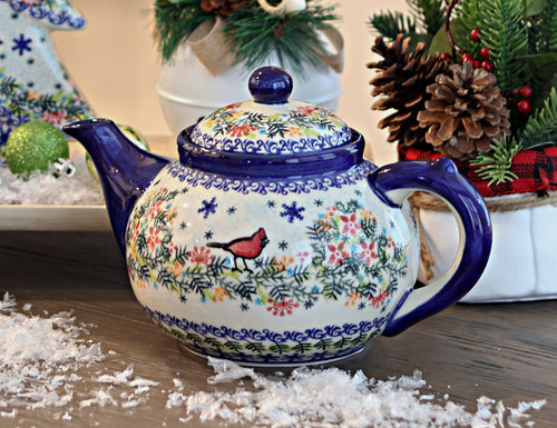 Winter Cardinal Teapot Polish Pottery