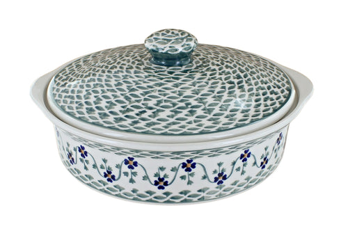 Polish Pottery Sage Floral Round Baker with Lid