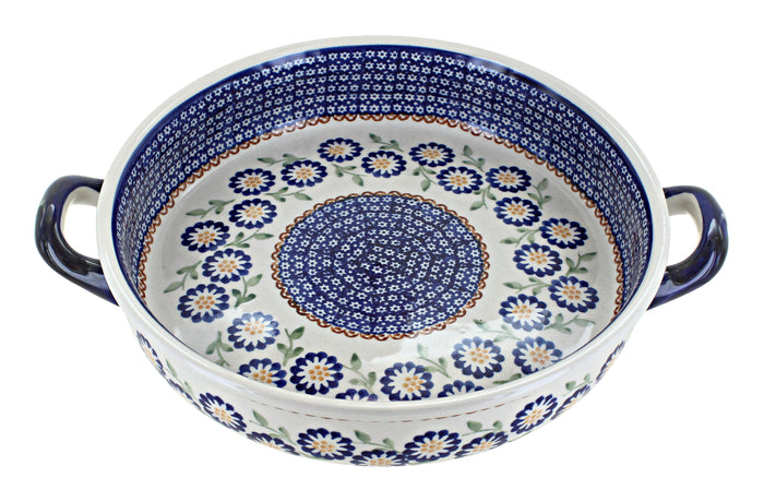 Polish Pottery Peach Blossom Small Round Baker with Handles