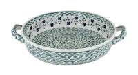 Polish Pottery Sage Floral Small Round Baker with Handles