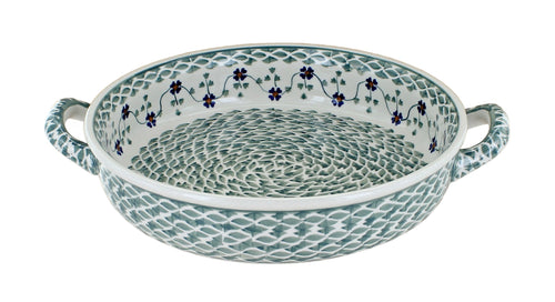 Polish Pottery Sage Floral Small Round Baker with Handles