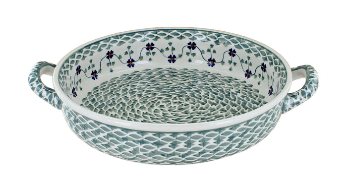 Polish Pottery Sage Floral Small Round Baker with Handles